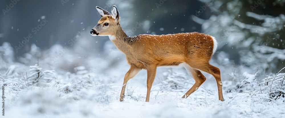 Roe deer fawn in snowy winter forest. Roe deer fawn in snowy winter forest.