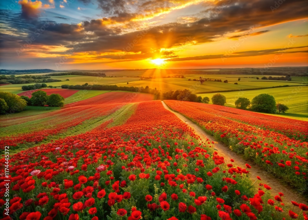 Aerial View of a Vibrant Hand-Planted Poppy Field at Sunset Aerial View of a Vibrant Hand-Planted Poppy Field at Sunset