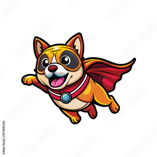 A cute cartoon dog wearing a superhero costume with a cape, standing confidently with a determined expression.