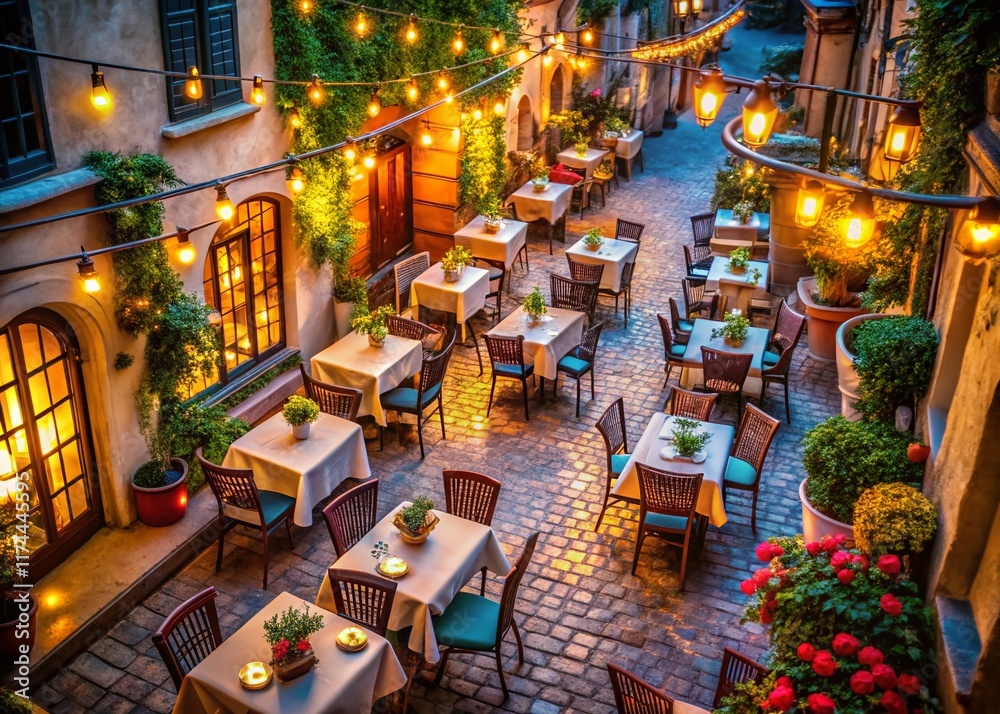 Aerial View of Bistro at Night, Romantic Dinner Setting with Warm Lighting Aerial View of Bistro at Night, Romantic Dinner Setting with Warm Lighting