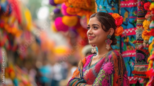 Woman in Vibrant Marketplace Wearing Colorful Traditional Attire photo