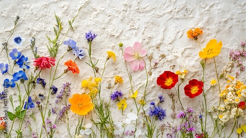 A playful mix of wildflowers placed at random on a creamy textured surface photo