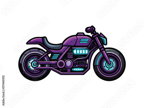 Create a cyberpunk-style vector illustration of a futuristic motorcycle, emphasizing sleek lines, neon accents, and intricate details.