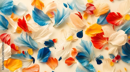A colorful array of petals spread artistically on a cream background