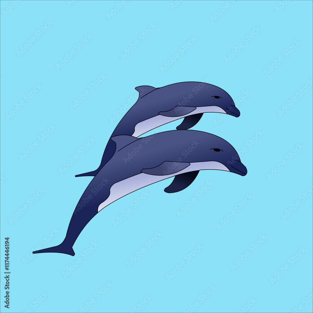 Fototapeta premium A vector illustration of two racing dolphins in flat and outline style. Illustration for aquatic, marine wealth, sea world, ocean, and wildlife themes.