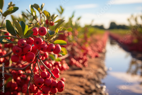 New England setting exudes a sense of tradition and harvest with its flooded fields, vibrant red berries, and picturesque charm of a Cape Cod cranberry bog photo