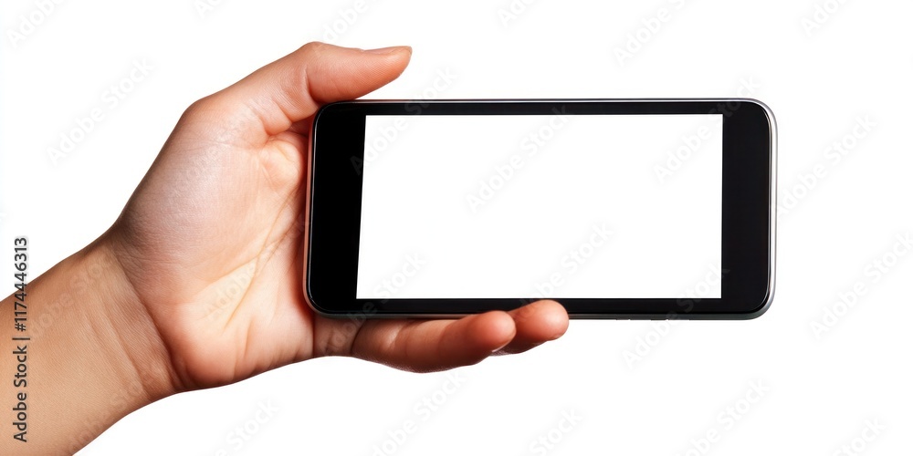 A hand holds a smartphone with a blank screen A hand holds a smartphone with a blank screen