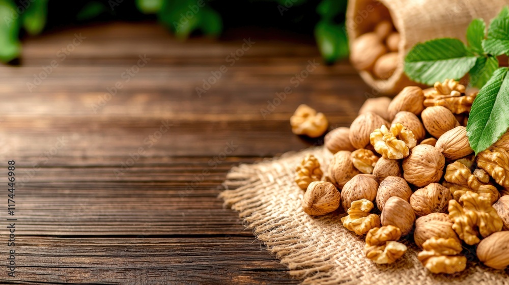 Fototapeta premium Anti-cancer and superfood concept. Walnuts on a rustic wooden table, symbolizing healthy fats and cancer prevention nutrients