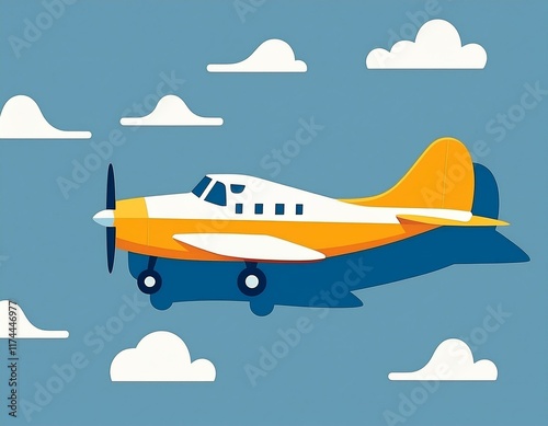 黄色いプロペラ機が空を飛ぶイラスト