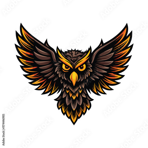 A detailed portrait of a hawk with piercing yellow eyes and outstretched wings, showcasing intricate feather patterns and sharp talons.