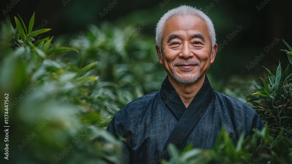 A serene older man smiles amidst lush greenery, embodying tranquility and wisdom. A serene older man smiles amidst lush greenery, embodying tranquility and wisdom.