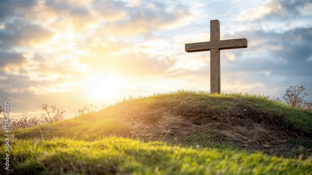 A serene Easter morning scene with a glowing sunrise behind an empty cross on a hill, surrounded by blooming flowers and a peaceful atmosphere