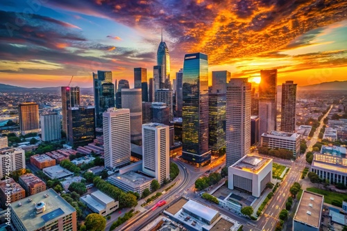 Aerial View of Downtown Los Angeles Skyscrapers at Sunset - Drone Photography