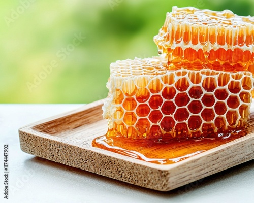 Anti-cancer and superfood concept. Honeycomb with dripping honey on a wooden tray, natural antioxidant source for cancer prevention photo