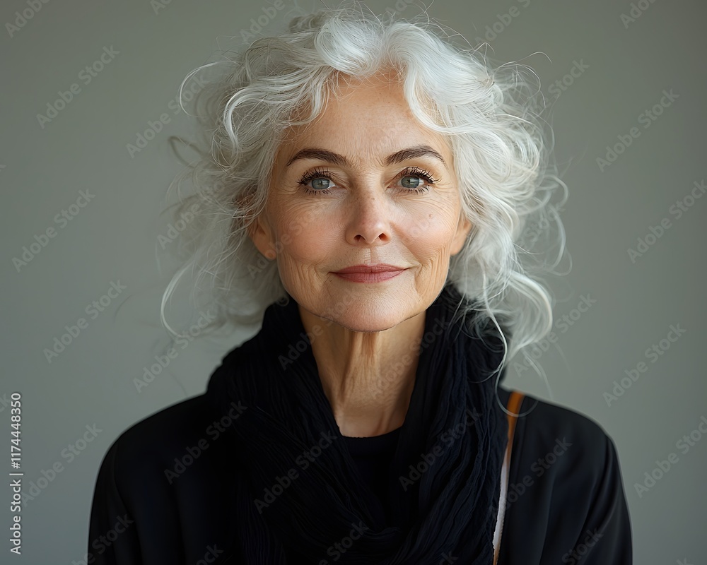 Graceful and Serene Older Woman with Curly White Hair in Soft Lighting Portrait Graceful and Serene Older Woman with Curly White Hair in Soft Lighting Portrait