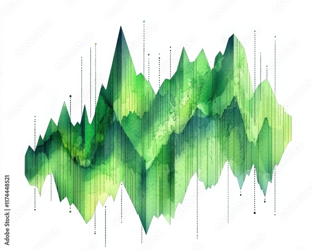 Obraz premium Abstract watercolor mountain landscape in vibrant green tones and sharp peaks.
