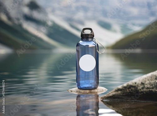A water bottle along with a blank circular sticker mockup is presented on a lake with mountain landscape