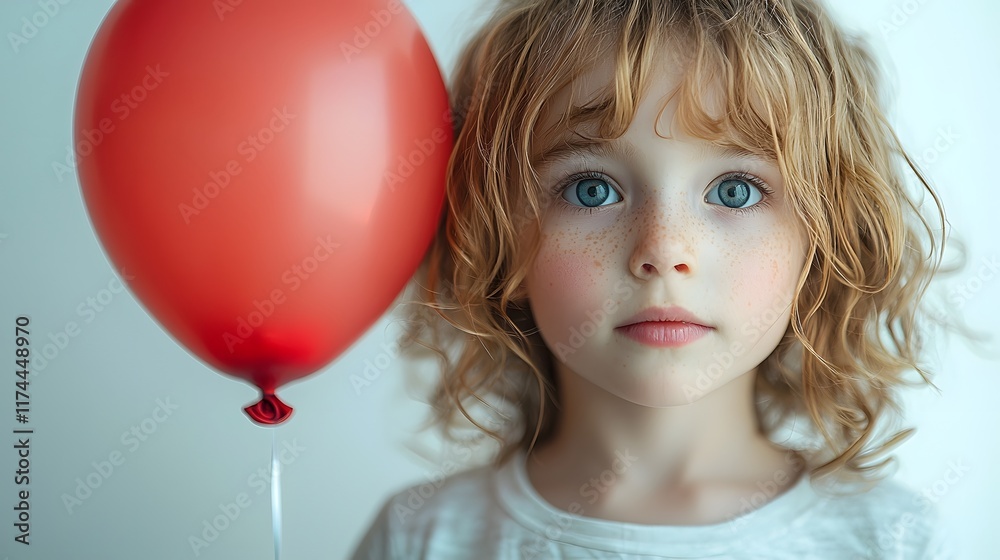 Dreamy High Key Portrait of Child Holding Vibrant Red Balloon on White Background Dreamy High Key Portrait of Child Holding Vibrant Red Balloon on White Background