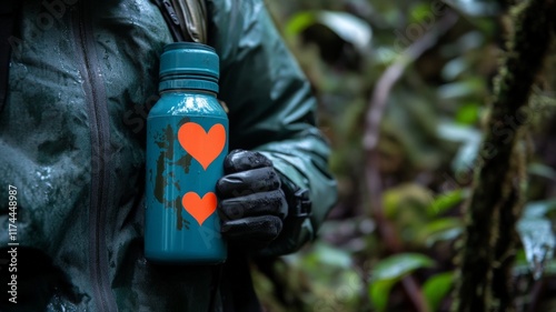 Heart Sticker on Water Bottle in Outdoor Setting photo