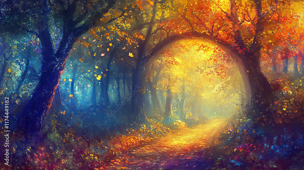 Obraz premium Fantasy forest glade cartoon vector illustration. Magic autumn woodland meadow in jungle game scene. Sunshine spot with bokeh light on path in wildlife. Mystic nature fall wallpaper with trees stem.