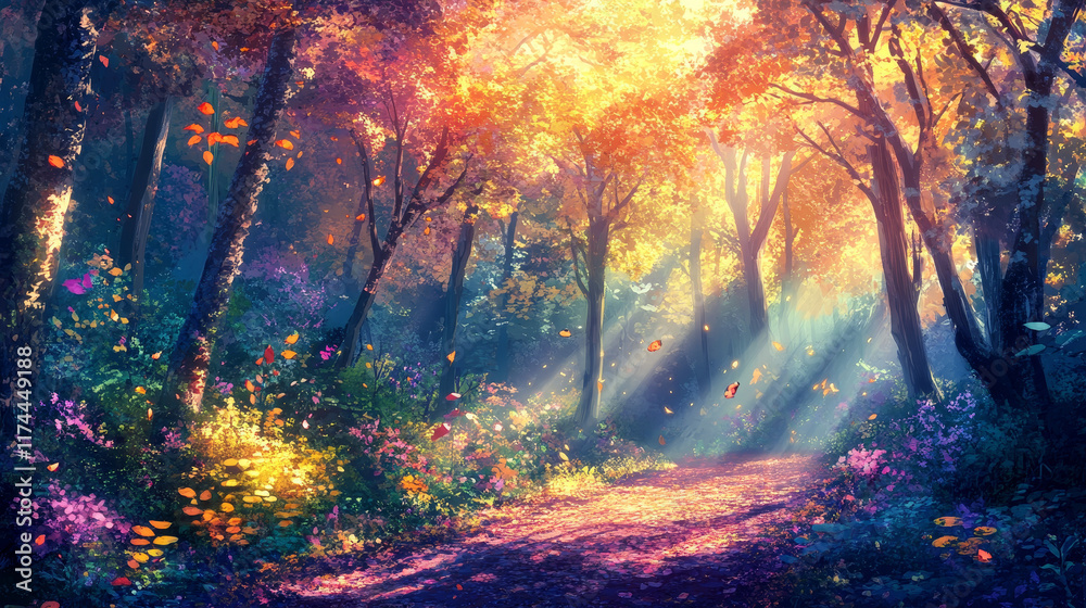 Fantasy forest glade cartoon vector illustration. Magic autumn woodland meadow in jungle game scene. Sunshine spot with bokeh light on path in wildlife. Mystic nature fall wallpaper with trees stem.