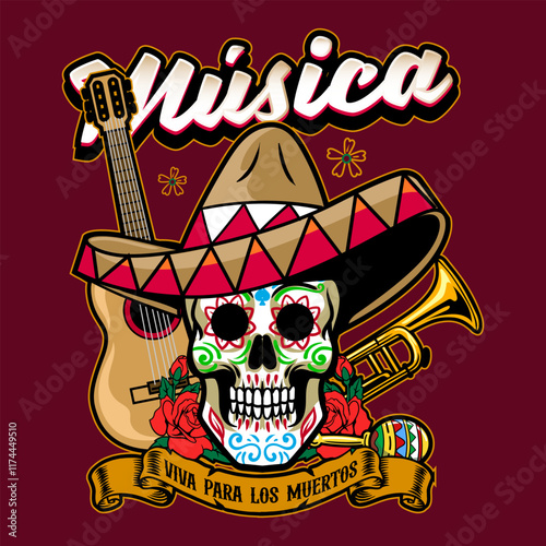 Day of the Dead Mexican Skull with Sombrero Hat in Vector Cartoon Illustration