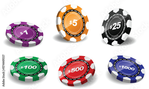 Set illustration of colorful casino chips, each representing a different denomination: $1 (purple), $5 (orange), $25 (black), $100 (green), $500 (red), and $1000 (blue). The chips are designed