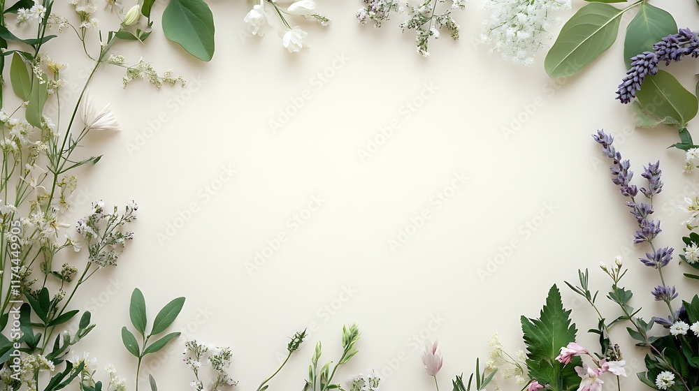 A delicate floral border framing a blank cream background