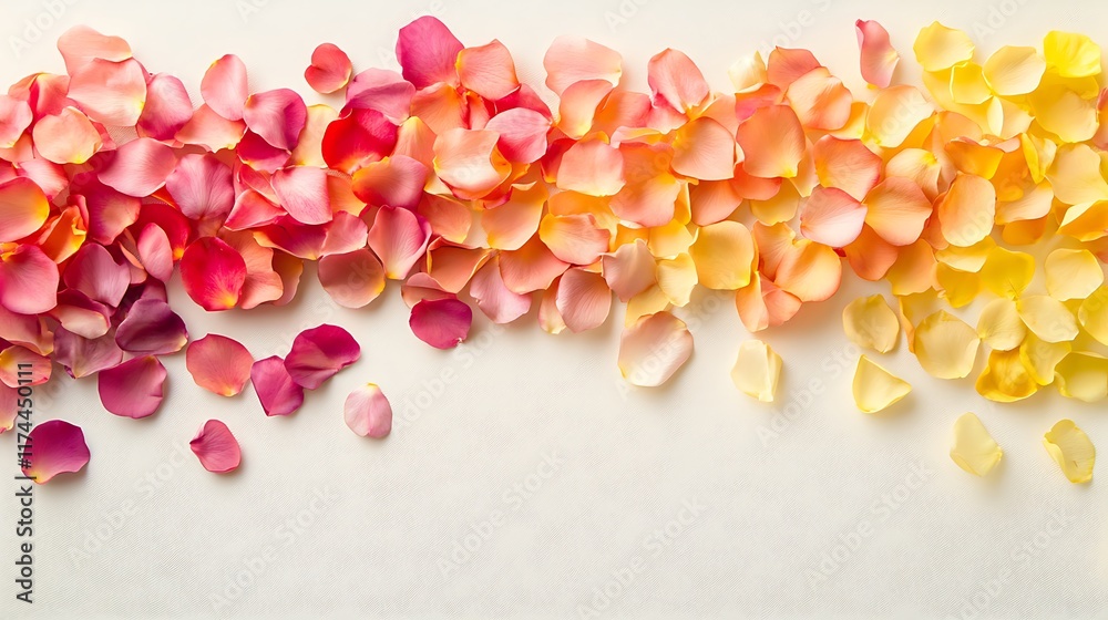 Fototapeta premium A creative scatter of petals transitioning in color across a cream surface