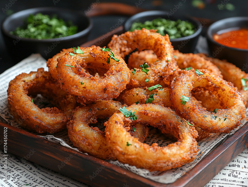 a plate of crispy onion rings garnished with parsley, accompanied by two dipping sauces. a plate of crispy onion rings garnished with parsley, accompanied by two dipping sauces.