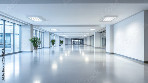 Wallpaper Mural Empty room with white walls inside. Perspective view of modern office or gallery hall interior with ceiling lamps. Abstract white box inside, vector realistic illustration Torontodigital.ca
