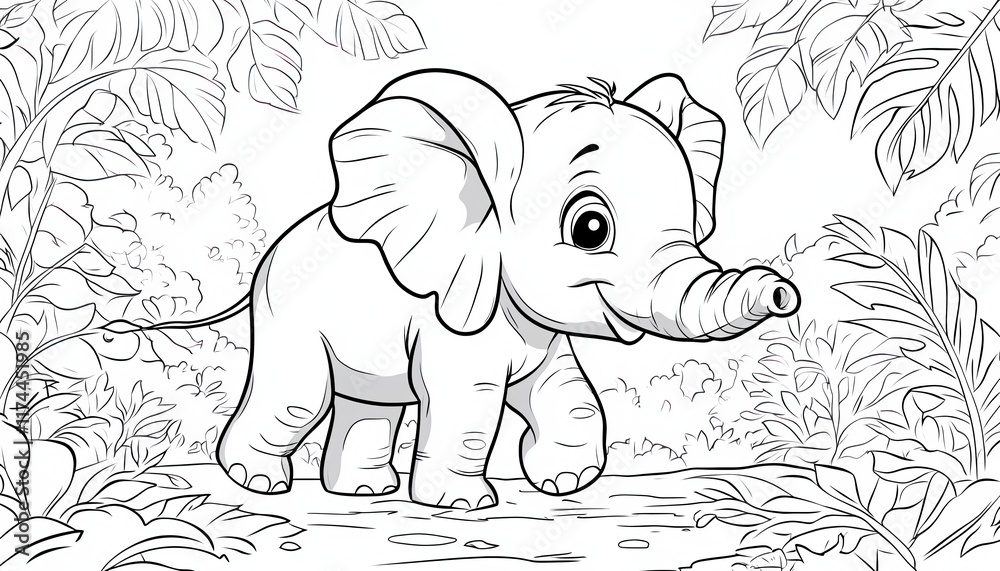 A cute baby elephant stands in a jungle setting. This simple and friendly design is ideal for children's coloring books or educational materials. A cute baby elephant stands in a jungle setting. This simple and friendly design is ideal for children's coloring books or educational materials.