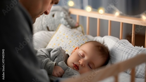A peaceful scene of a father gazing at his sleeping baby in a cozy crib, surrounded by soft blankets and gentle lights.