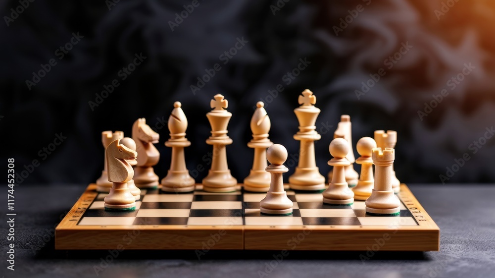 A beautifully arranged chessboard features intricately carved wooden pieces, set against a dark, smoky background, highlighting the elegance of the game. A beautifully arranged chessboard features intricately carved wooden pieces, set against a dark, smoky background, highlighting the elegance of the game.