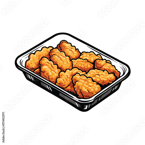 A close-up shot of a clear plastic container filled with frozen chicken tenders, showcasing the individual pieces and their icy texture.
