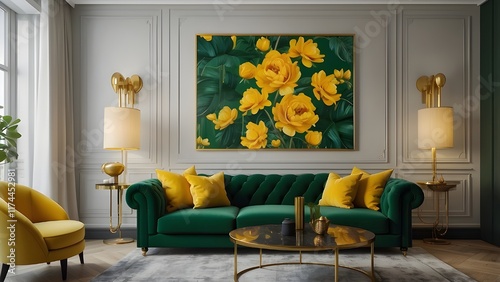 Luxury Living Room Interior With Green Sofa, Yellow Pillows And Wall Art. Maximalism Style.