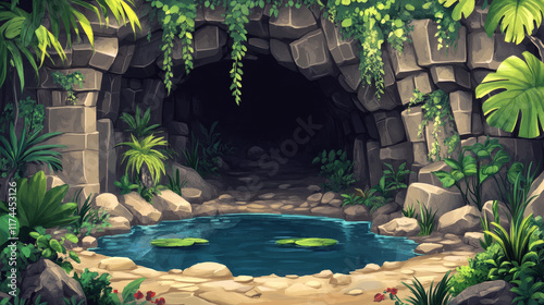 Fototapeta Naklejka Na Ścianę i Meble -  Abandoned stone cave in jungle with pond cartoon vector background. Underground prehistoric tunnel view adventure scene with magic portal in cavern lake. Empty grotto place rock illustration and liana