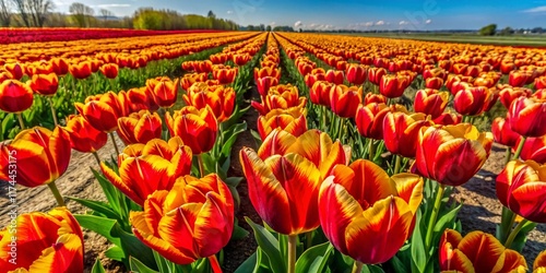 Aerial View of Vibrant Red and Yellow Fringed Tulips at the Pella Tulip Festival, Iowa