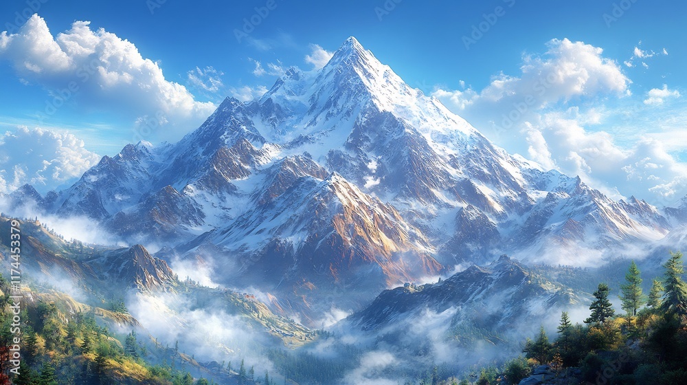 Fototapeta premium Majestically Rising Snow-Capped Peak: A Stunning Digital Painting in a Breathtaking Landscape. AI Generated