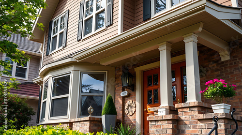 Fototapeta Naklejka Na Ścianę i Meble -  Exterior View of Two-Story House with Brick Porch and Orange Door