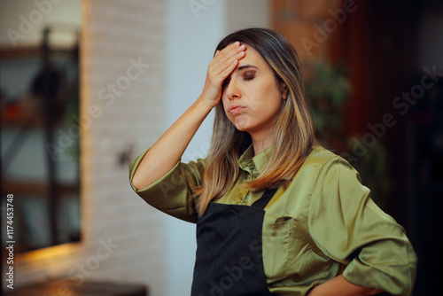 Stressed Hairdresser Forgetting about Important Appointment. Hairdresser feeling frustrated and overworked in a salon
 photo