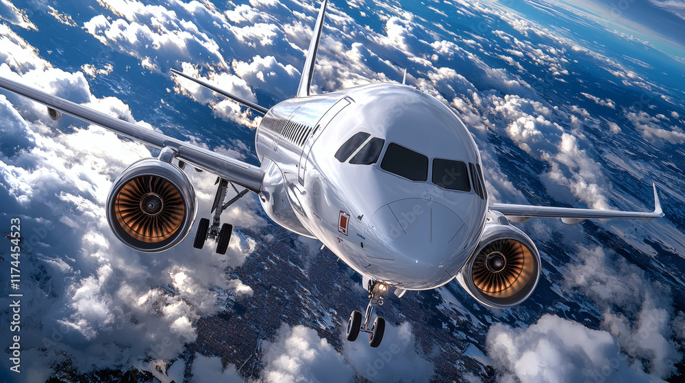 Fototapeta premium Airplane descending through clouds over snowy mountains.