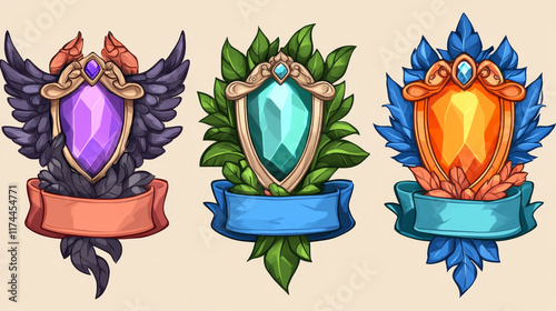 Cartoon game progression golden square avatar frames - basic badge, with gemstones, ornate leaves, decorative wings and royal design with blue ribbons for rpg achievement levels or player rank.