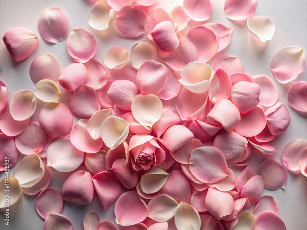 Obraz premium Aerial View Soft Pink Rose Petals Scattered on White Background - Drone Photography