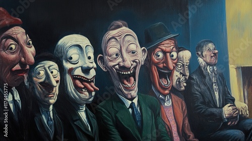 Grotesque Laughter: A Surreal Group Portrait Painting