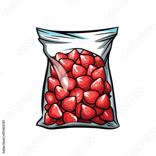 Close-up of a resealable plastic bag filled with frozen, plump strawberries coated in frost.
