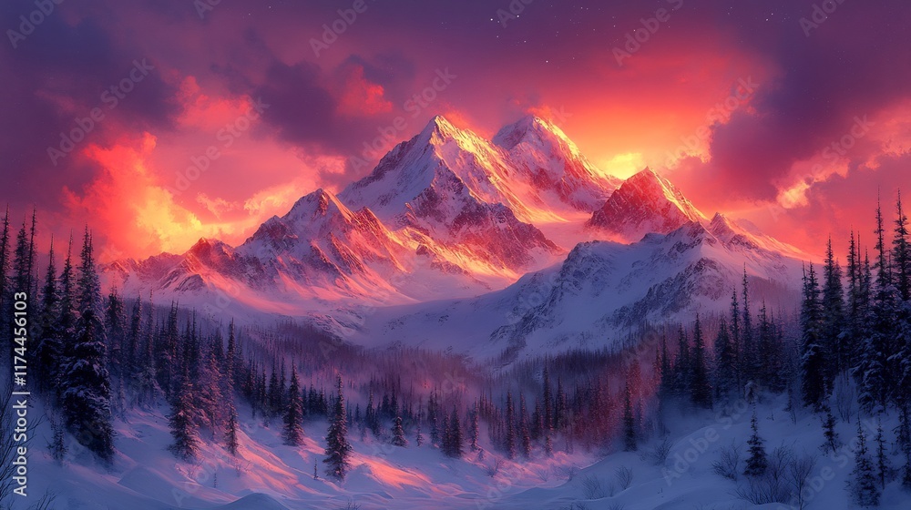 Fiery Sunset Illuminates Majestic Snow-Capped Mountains: Breathtaking Digital Painting. AI Generated Fiery Sunset Illuminates Majestic Snow-Capped Mountains: Breathtaking Digital Painting. AI Generated