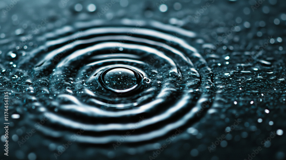 Close-up of concentric water ripples from a droplet on dark surface. Close-up of concentric water ripples from a droplet on dark surface.