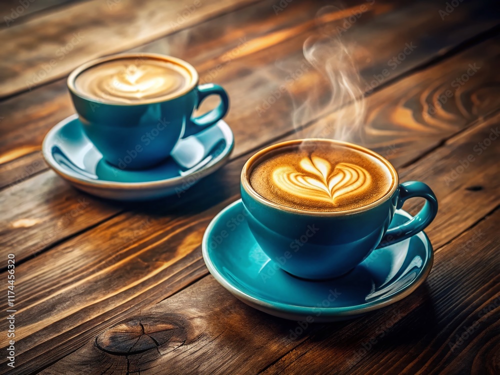 Aerial View: Two Hot Coffee Cups on Rustic Wooden Table in Cozy Cafe Aerial View: Two Hot Coffee Cups on Rustic Wooden Table in Cozy Cafe