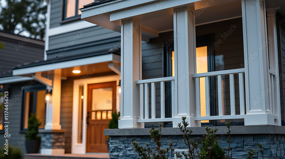 Fototapeta premium Evening view of a two-story house exterior. Gray siding, white porch columns and railing, lit interior windows and a wooden front door are prominent. Stone accents are visible at the base.